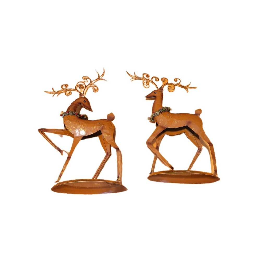 Pair of Brass like Brown Reindeer or Deer of Playful Figurines With Wreath